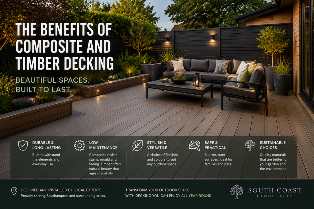 Contemporary composite decking area with outdoor furniture