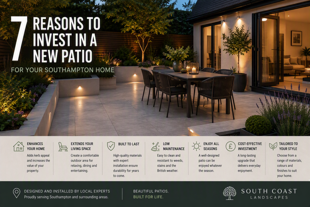 Elegant porcelain patio with outdoor dining area