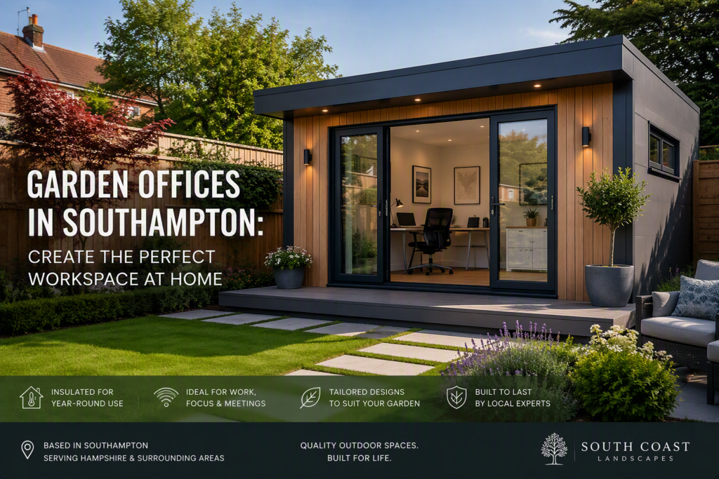Modern insulated garden office in a landscaped Southampton garden