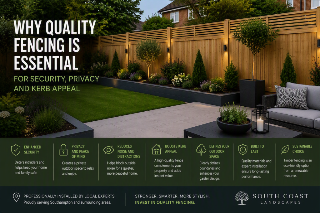 New timber fence surrounding a modern landscaped garden