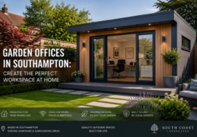 Modern insulated garden office in a landscaped Southampton garden